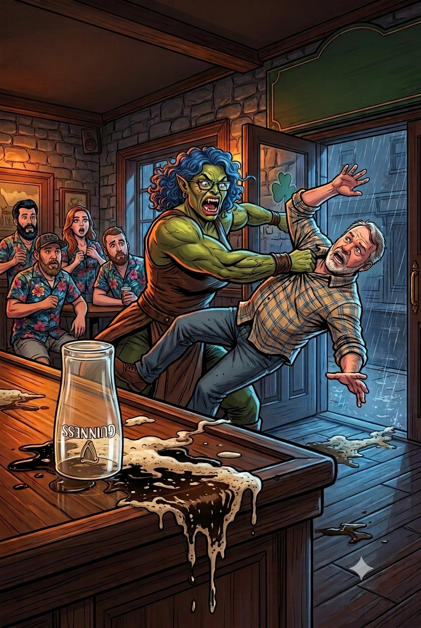 CyberDelinquents Tavern Brawl with Orc Bouncer throwing Crawler out of Irish Pub